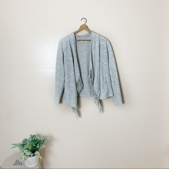 [Jack BB Dakota] Light Gray Open Front Fringe Long Sleeve Cardigan Sweater - Picture 1 of 9